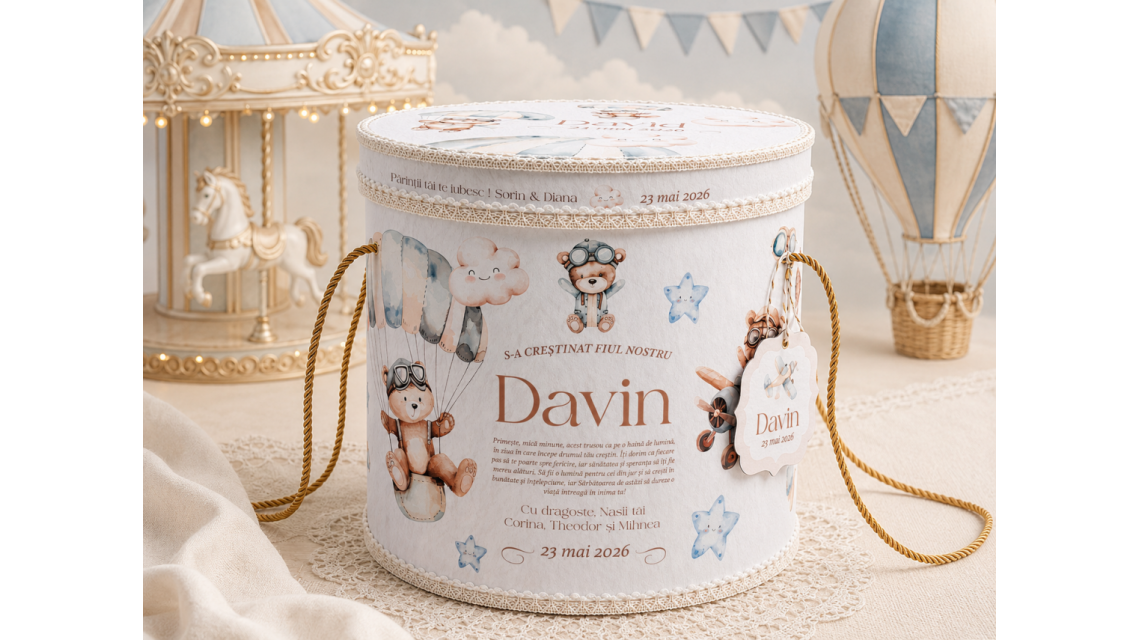 Trusou Botez Băieți Little Aviator Ursuleț Aviator Personalizat Bleu Pudrat si Ivory 7